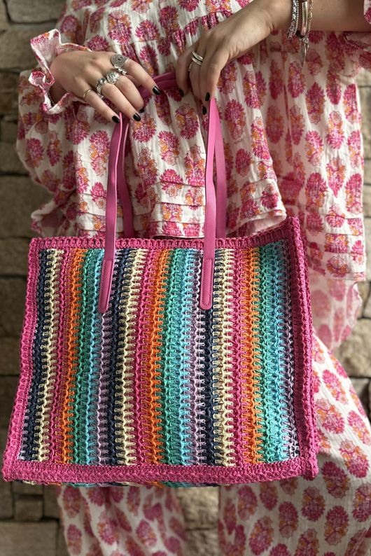 Kondi Rainbow Raffia Tote Bag Pink